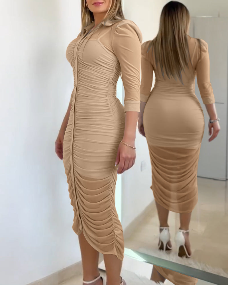 Women's 2 Piece Set Mesh Ruched Midi Dress Puff Sleeve Button Down Sheer Overlay Bodycon Dress with Camisole Slip Dress - Image 16
