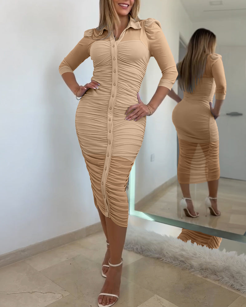 Women's 2 Piece Set Mesh Ruched Midi Dress Puff Sleeve Button Down Sheer Overlay Bodycon Dress with Camisole Slip Dress - Image 17