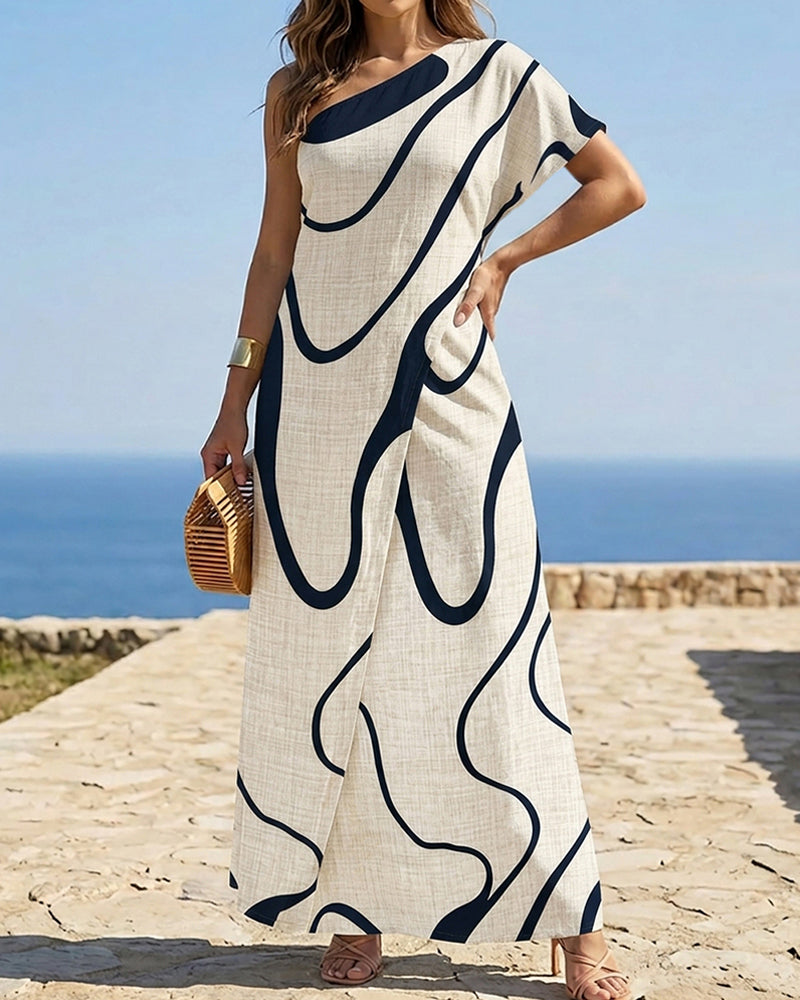 Abstract Print One Shoulder Bodycon Maxi Dress Casual Faux Two Piece Slit Dress - Image 4