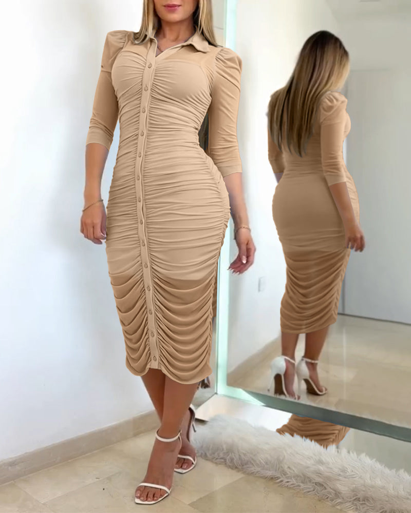 Women's 2 Piece Set Mesh Ruched Midi Dress Puff Sleeve Button Down Sheer Overlay Bodycon Dress with Camisole Slip Dress - Image 18