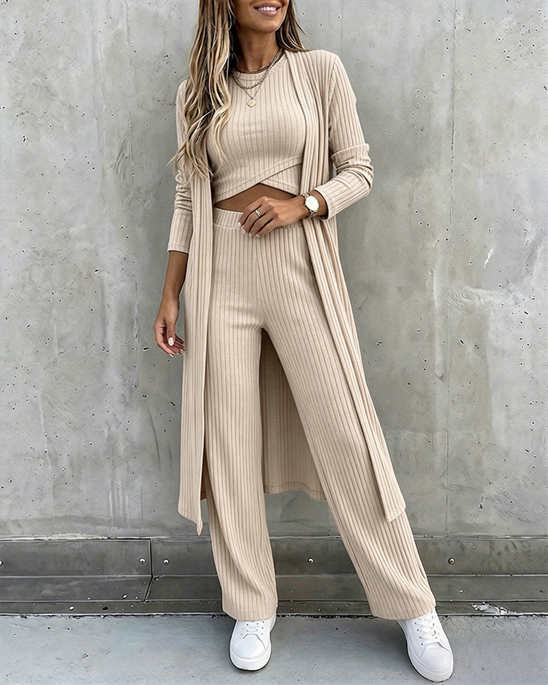 Women's 3 Piece Knit Set Long Cardigan Criss Cross Crop Tank Top and Wide Leg Pants Casual Ribbed Brushed Lounge Set - Image 15