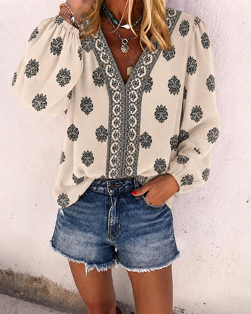 Vintage Baroque Placement Print V-Neck Lantern Sleeve Blouse Casual Long Sleeve Loose Fit Boho Top - Image 10