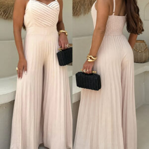 Women's Pleated Wide Leg Jumpsuit Spaghetti Strap High Waisted Shirred Backless Flared Overalls