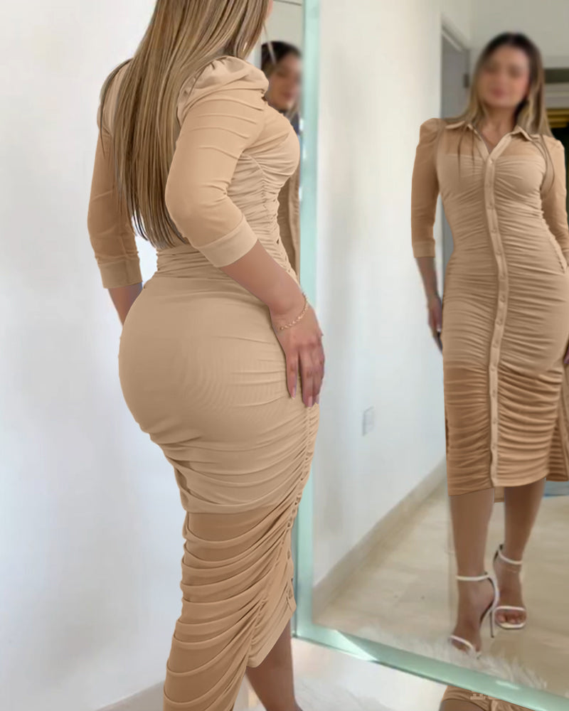 Women's 2 Piece Set Mesh Ruched Midi Dress Puff Sleeve Button Down Sheer Overlay Bodycon Dress with Camisole Slip Dress - Image 19