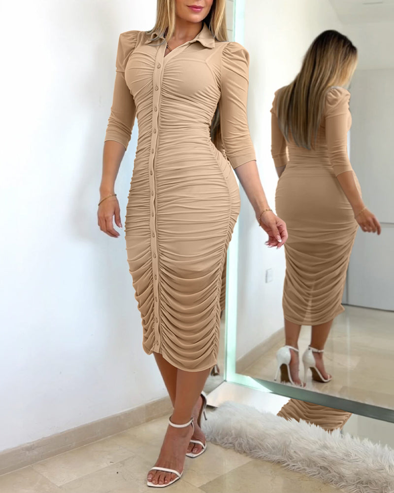 Women's 2 Piece Set Mesh Ruched Midi Dress Puff Sleeve Button Down Sheer Overlay Bodycon Dress with Camisole Slip Dress - Image 14