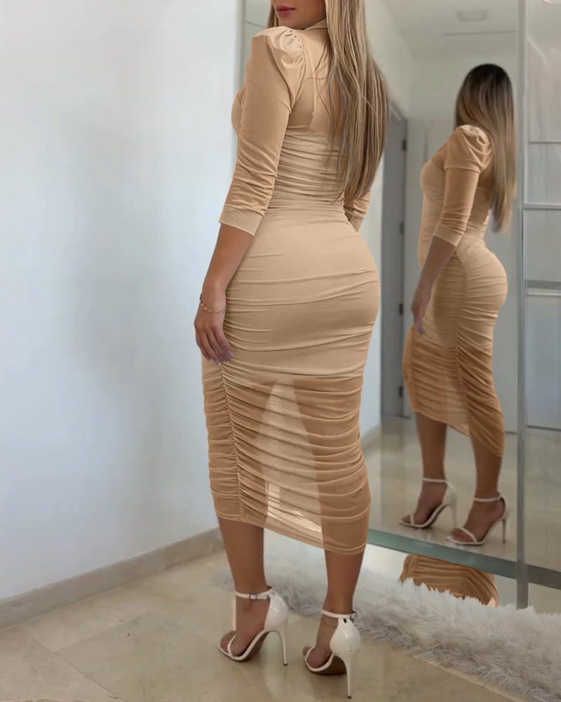 Women's 2 Piece Set Mesh Ruched Midi Dress Puff Sleeve Button Down Sheer Overlay Bodycon Dress with Camisole Slip Dress - Image 15