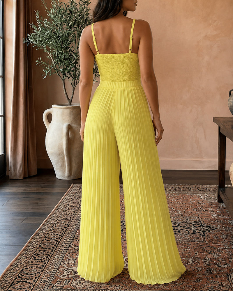 Women's Two Piece Set Lace Cami Top with Stretchy Pearl Straps and High Waist Pleated Wide Leg Chiffon Pants - Image 2