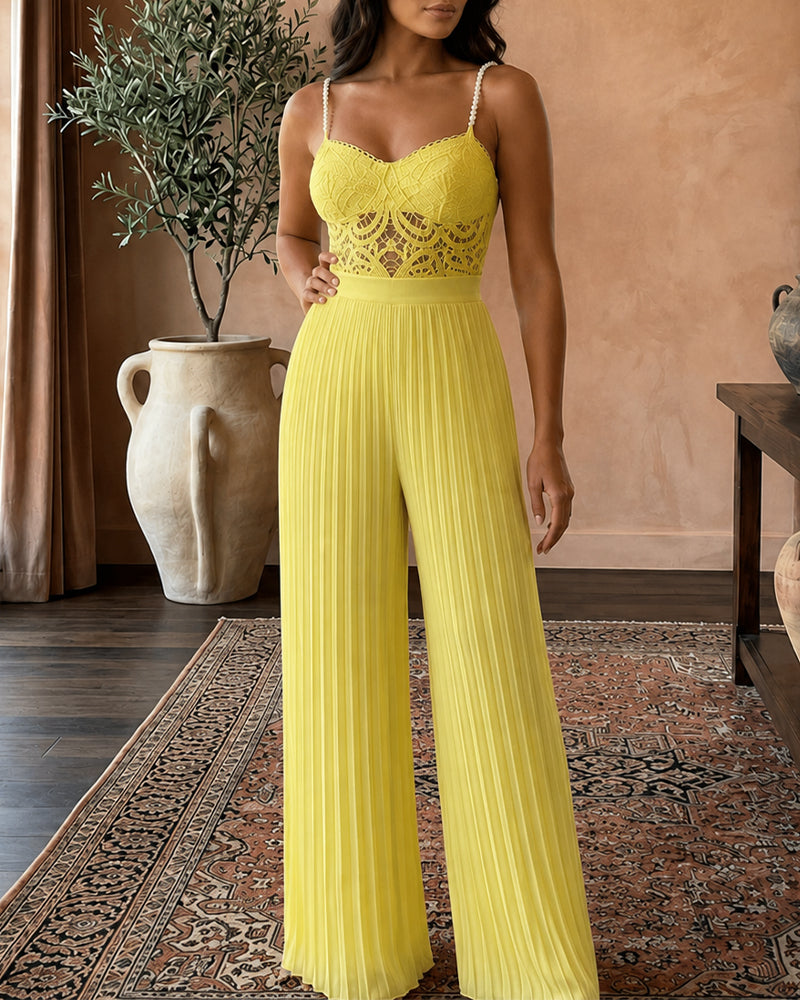 Women's Two Piece Set Lace Cami Top with Stretchy Pearl Straps and High Waist Pleated Wide Leg Chiffon Pants - Image 4