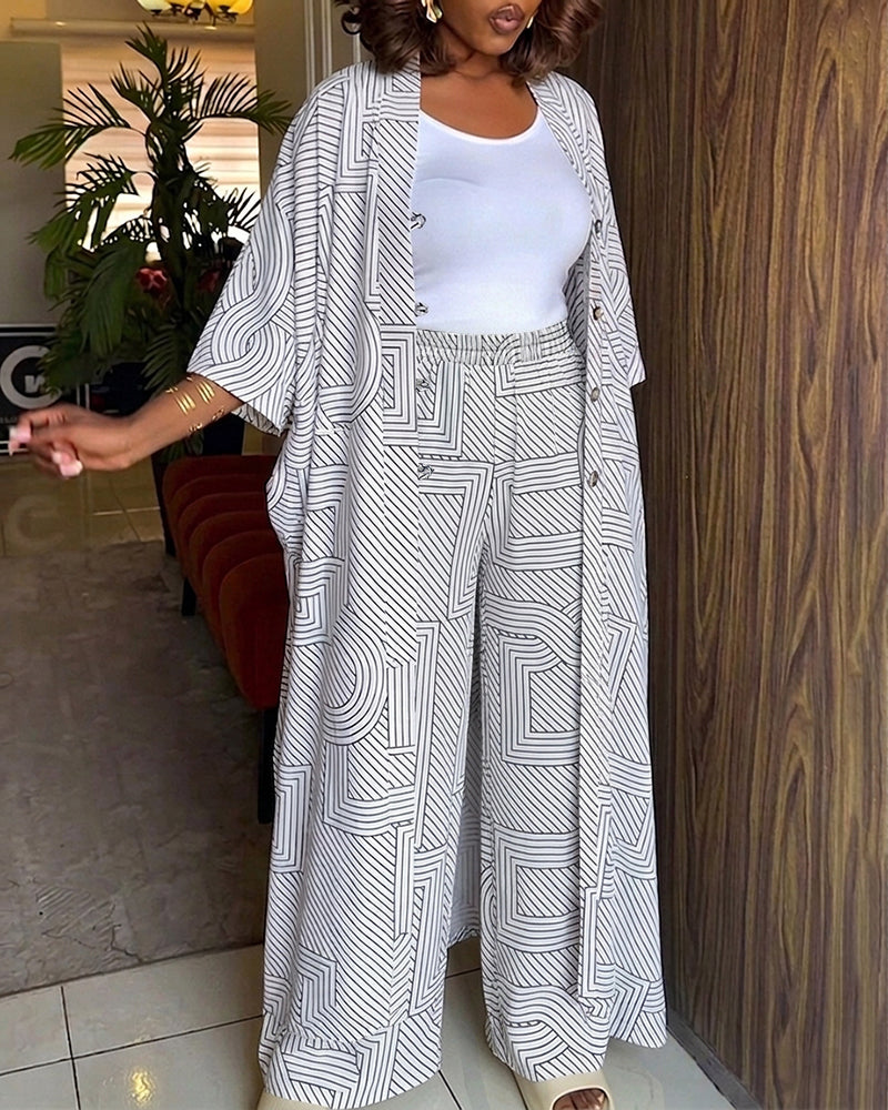 Women's Geometric Print 2 Piece Outfits Batwing Sleeve Loose Longline Coat and High Waisted Wide Leg Pants Set - Image 3