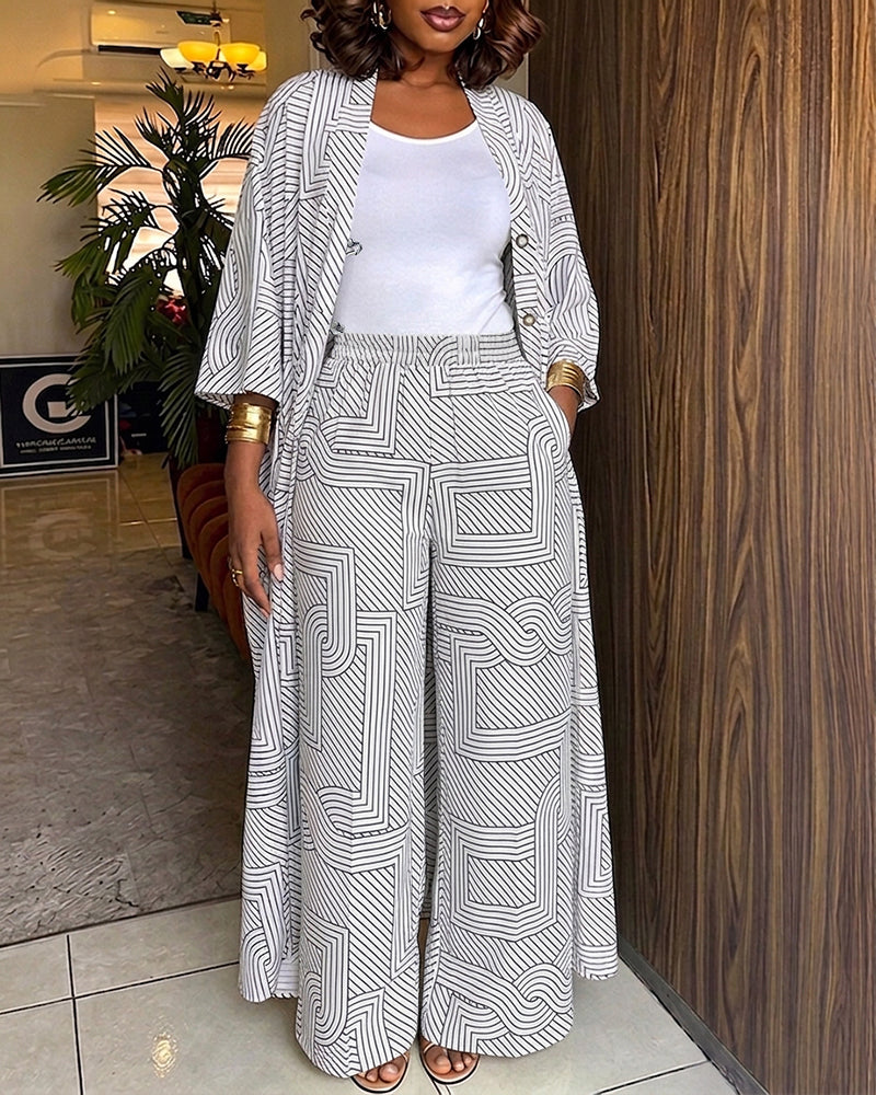 Women's Geometric Print 2 Piece Outfits Batwing Sleeve Loose Longline Coat and High Waisted Wide Leg Pants Set - Image 5