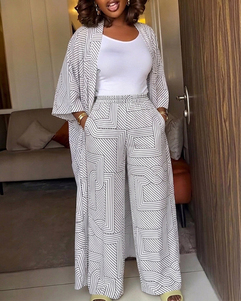 Women's Geometric Print 2 Piece Outfits Batwing Sleeve Loose Longline Coat and High Waisted Wide Leg Pants Set - Image 8