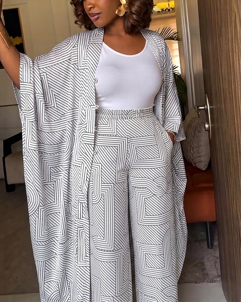 Women's Geometric Print 2 Piece Outfits Batwing Sleeve Loose Longline Coat and High Waisted Wide Leg Pants Set - Image 7
