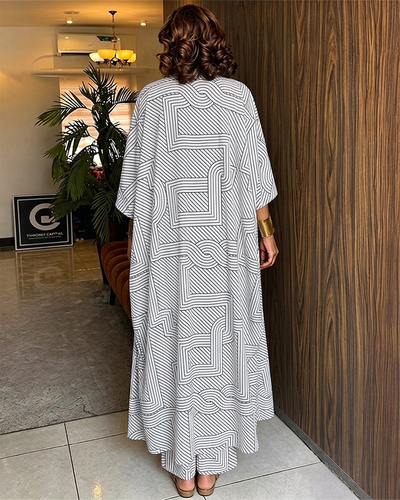 Women's Geometric Print 2 Piece Outfits Batwing Sleeve Loose Longline Coat and High Waisted Wide Leg Pants Set - Image 2