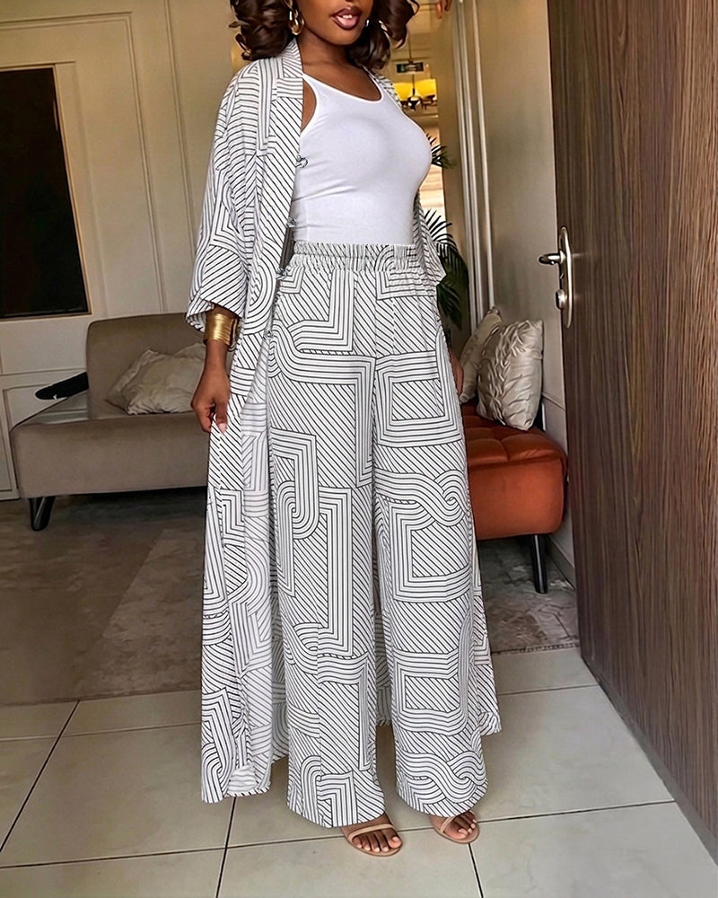 Women's Geometric Print 2 Piece Outfits Batwing Sleeve Loose Longline Coat and High Waisted Wide Leg Pants Set - Image 4