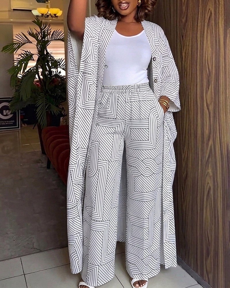 Women's Geometric Print 2 Piece Outfits Batwing Sleeve Loose Longline Coat and High Waisted Wide Leg Pants Set - Image 6