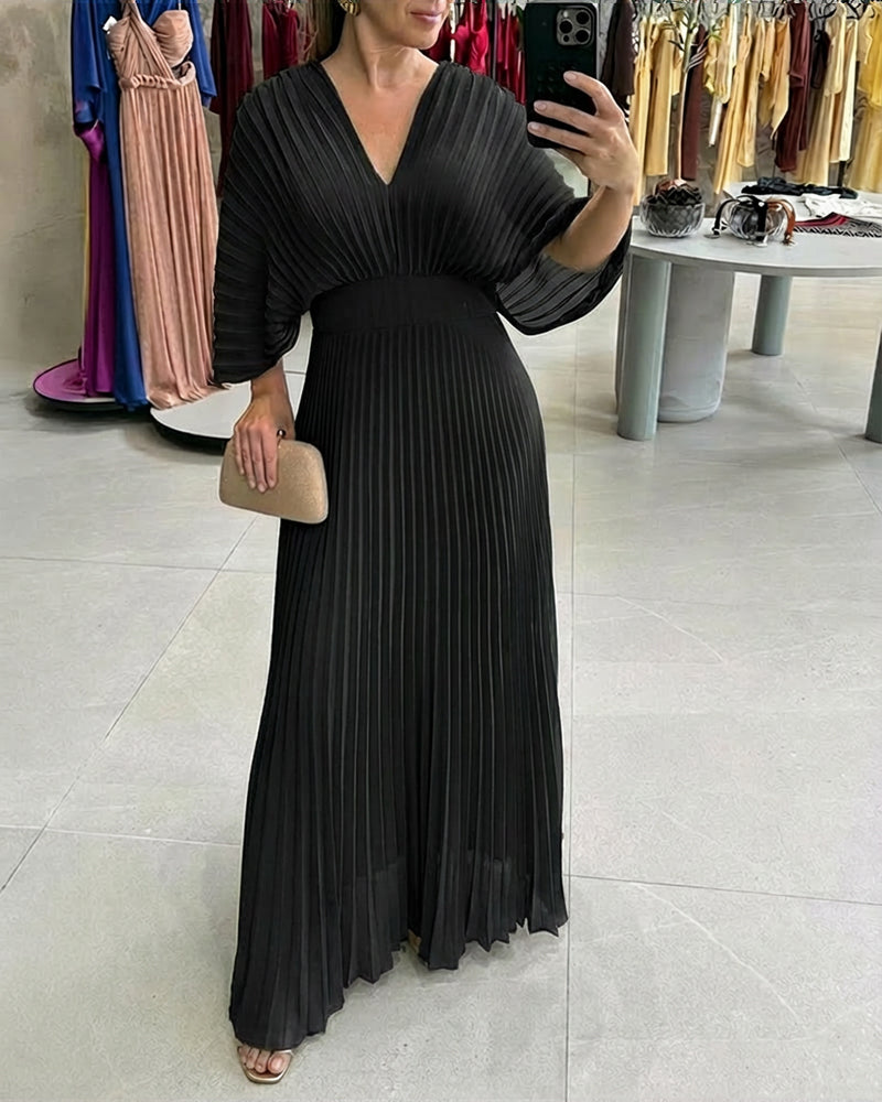 Deep V-Neck Batwing Sleeve High Waist Pleated Maxi Dress Casual Cinched Waist Backless Tied Detail Zipper Back Evening Dress - Image 7