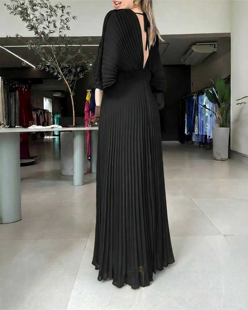Deep V-Neck Batwing Sleeve High Waist Pleated Maxi Dress Casual Cinched Waist Backless Tied Detail Zipper Back Evening Dress - Image 8