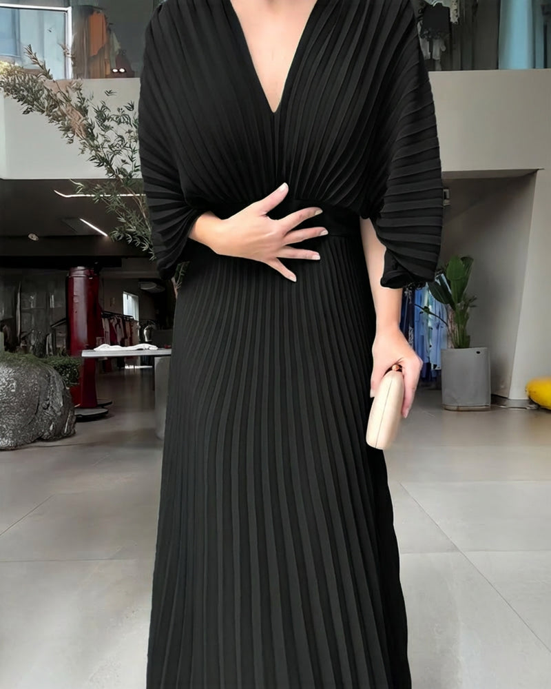 Deep V-Neck Batwing Sleeve High Waist Pleated Maxi Dress Casual Cinched Waist Backless Tied Detail Zipper Back Evening Dress - Image 11