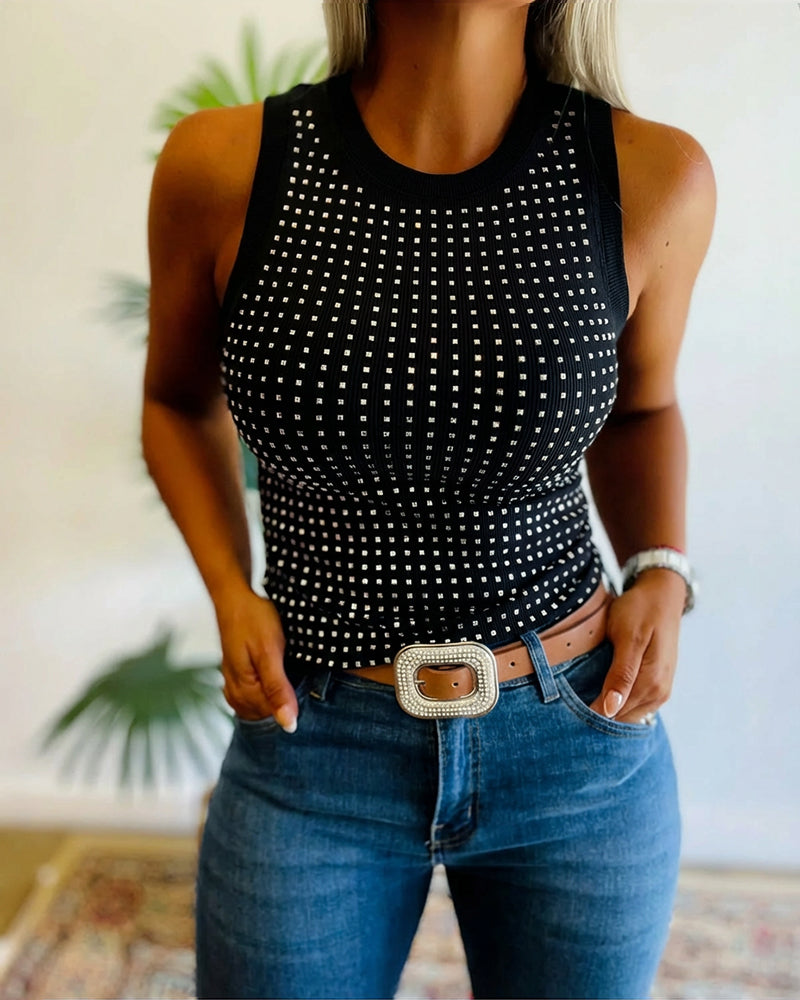 Rhinestone Decor O-neck Sleeveless Tee Slim Fit Ribbed Tank Top - Image 6