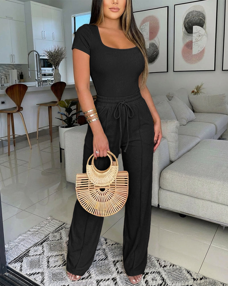 2 Pieces Outfit U-Neck Short Sleeve Slim Fit Ribbed Bodysuit and Drawstring Elastic Waist Seam Front Pants Casual Versatile Set - Image 7
