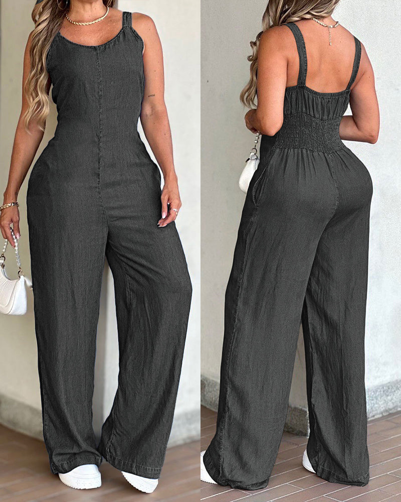 V-Neck Adjustable Thick Straps Denim Overalls Casual Shirred Back Wide Leg Suspender Jumpsuit - Image 6