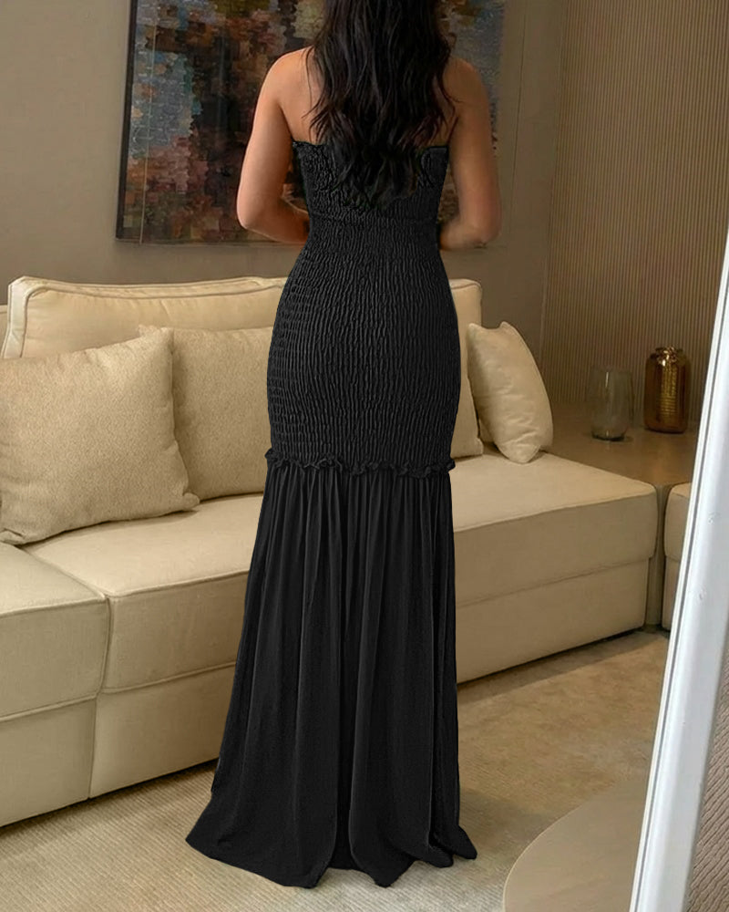 Sweetheart Neck Frill Trim Shirred Slim Fit Maxi Dress Elegant Cutout Front Mermaid Hem Evening Dress - Image 9