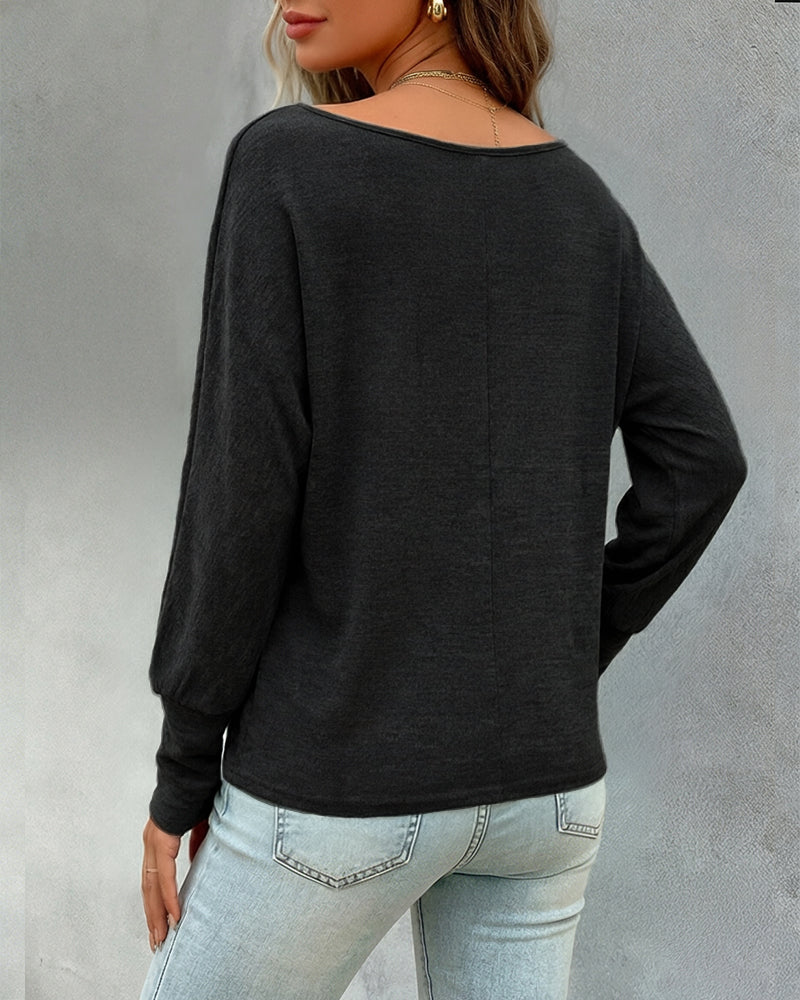 Women's Convertible Shoulder Batwing Sleeve Top Long Sleeve Loose Fit Casual Knit Tee - Image 6