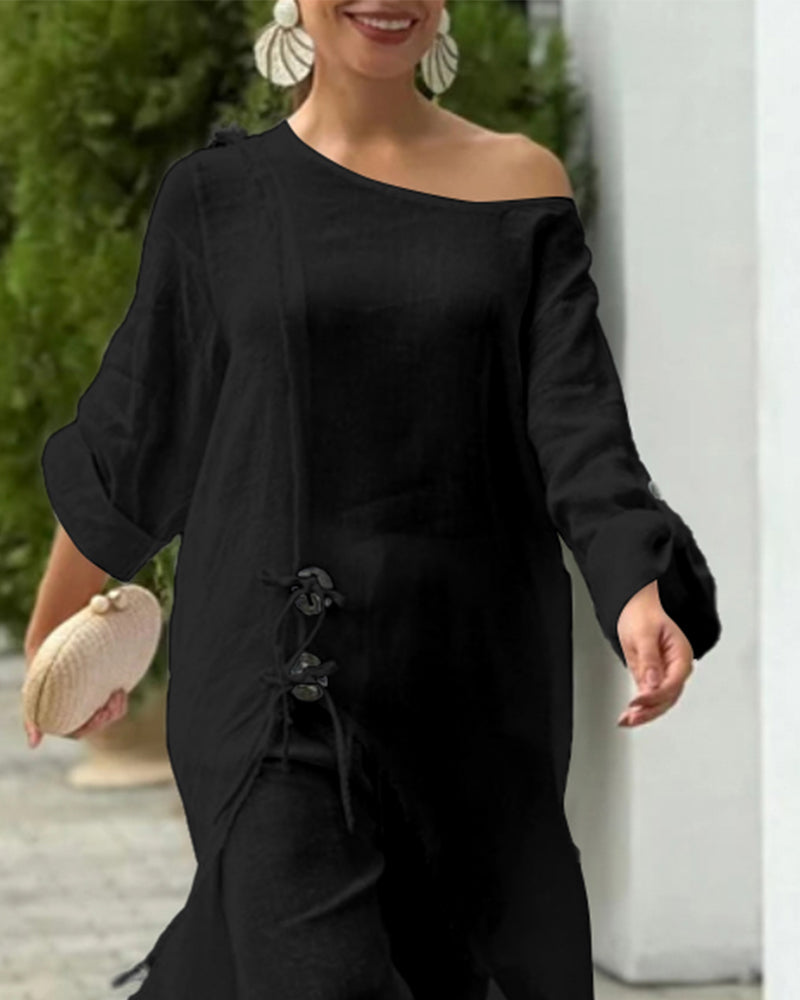 2 Pieces Outfit Button Decor One Shoulder Turn-Up Sleeves Slit Raw Edges Top and Casual Drawstring Elastic Waist Wide Leg Pants Set - Image 8