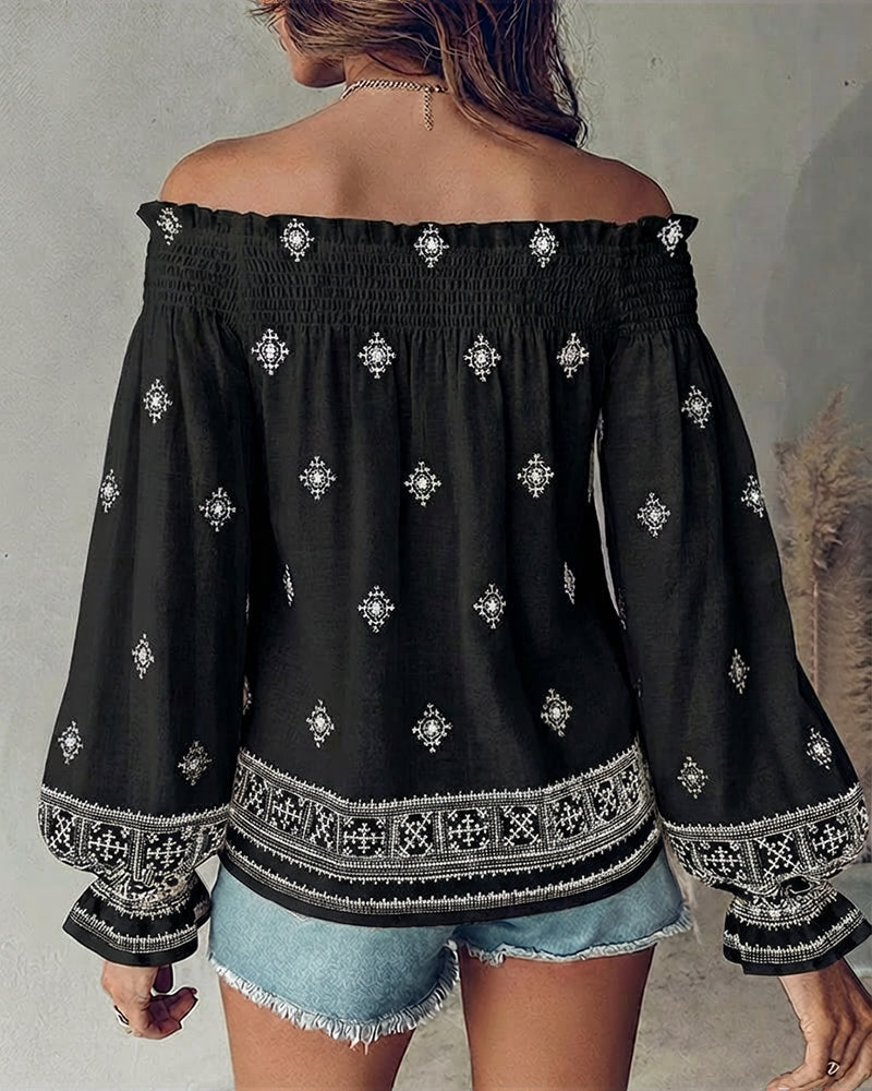 Vintage Tribal Placement Print Shirred Off Shoulder Flared Cuffs Blouse Casual Frill Trim Boho Top - Image 10