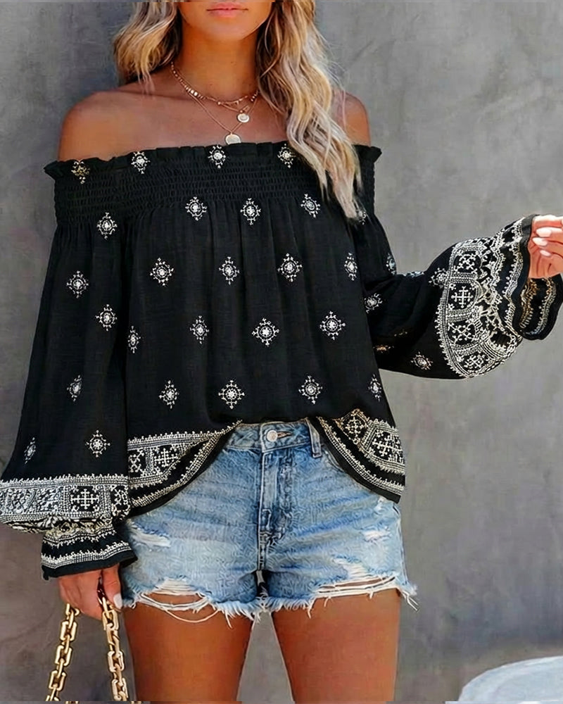 Vintage Tribal Placement Print Shirred Off Shoulder Flared Cuffs Blouse Casual Frill Trim Boho Top - Image 11