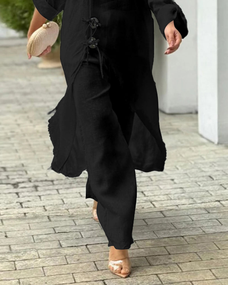 2 Pieces Outfit Button Decor One Shoulder Turn-Up Sleeves Slit Raw Edges Top and Casual Drawstring Elastic Waist Wide Leg Pants Set - Image 9