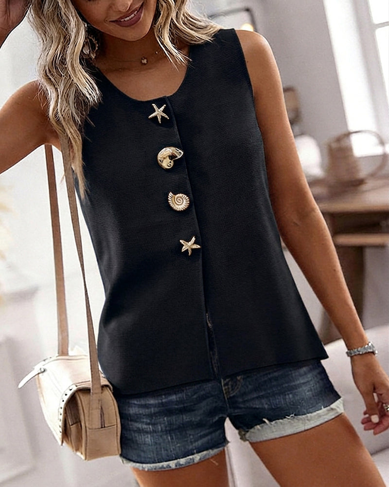 Women's Knit Tank Top Starfish Shell Gold Button Sleeveless Vest Beach Vacation Casual Top - Image 9