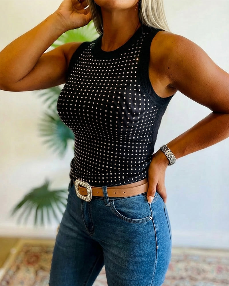 Rhinestone Decor O-neck Sleeveless Tee Slim Fit Ribbed Tank Top - Image 9