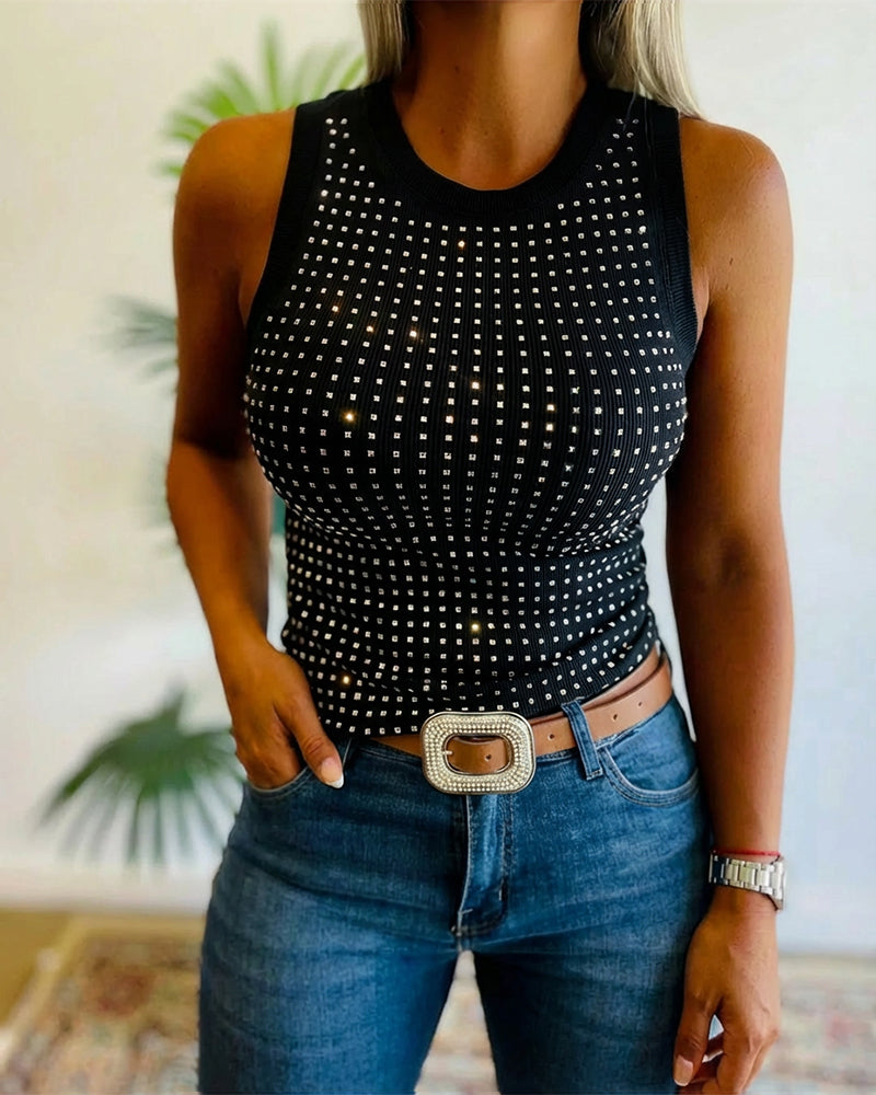 Rhinestone Decor O-neck Sleeveless Tee Slim Fit Ribbed Tank Top - Image 10