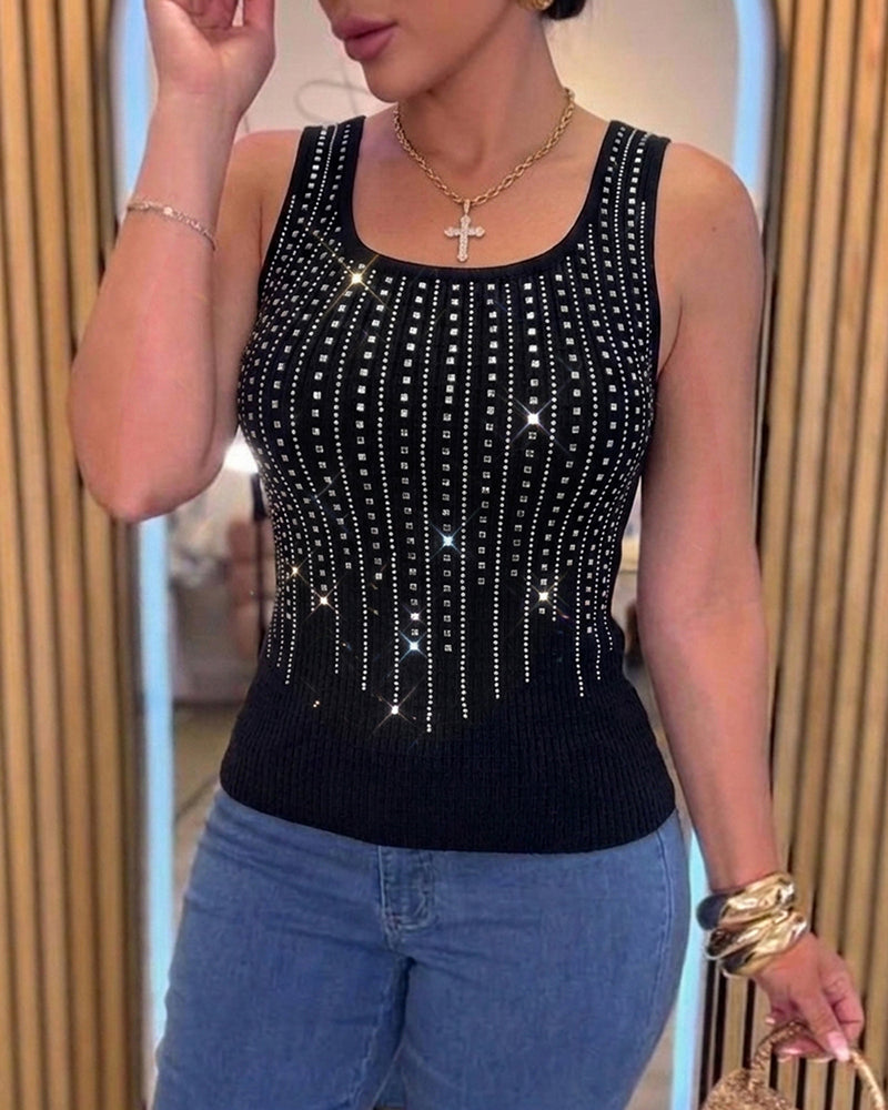 Rhinestone Decor U-Neck Sleeveless Tee Slim Fit Backless Ribbed Tank Top - Image 4