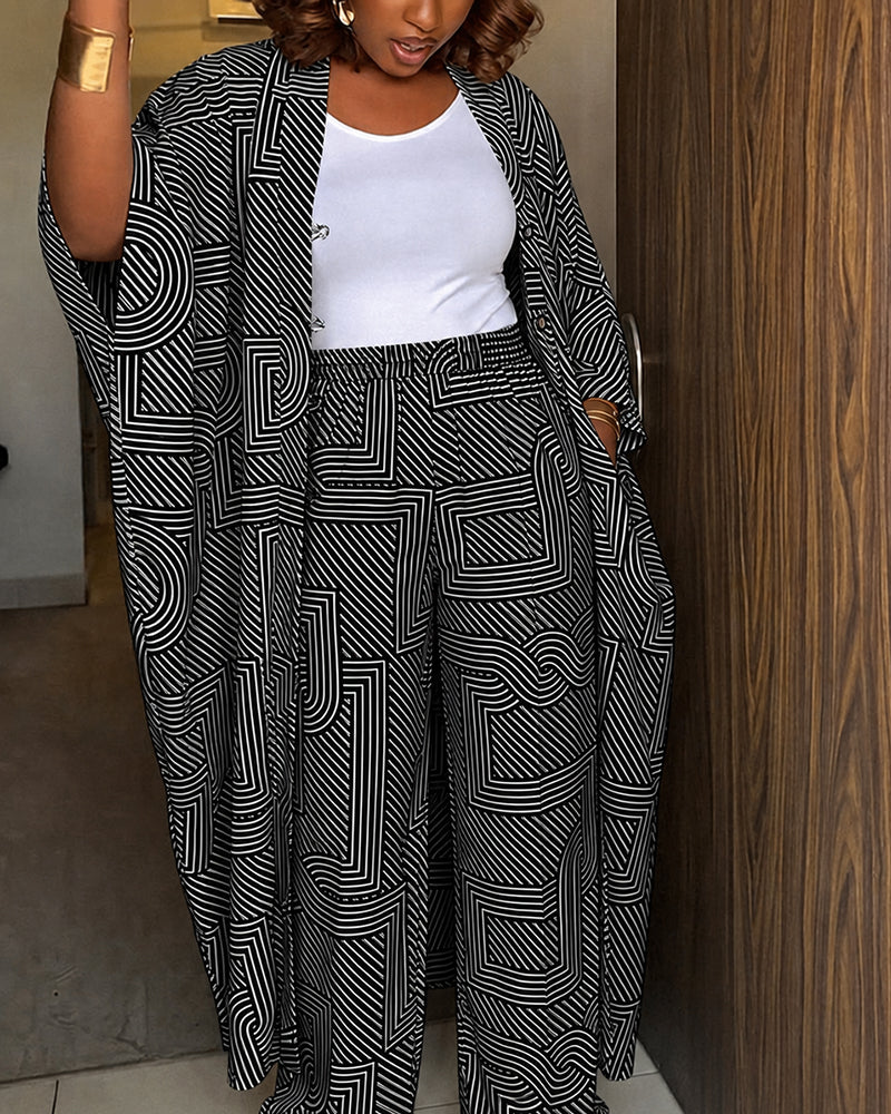 Women's Geometric Print 2 Piece Outfits Batwing Sleeve Loose Longline Coat and High Waisted Wide Leg Pants Set - Image 14
