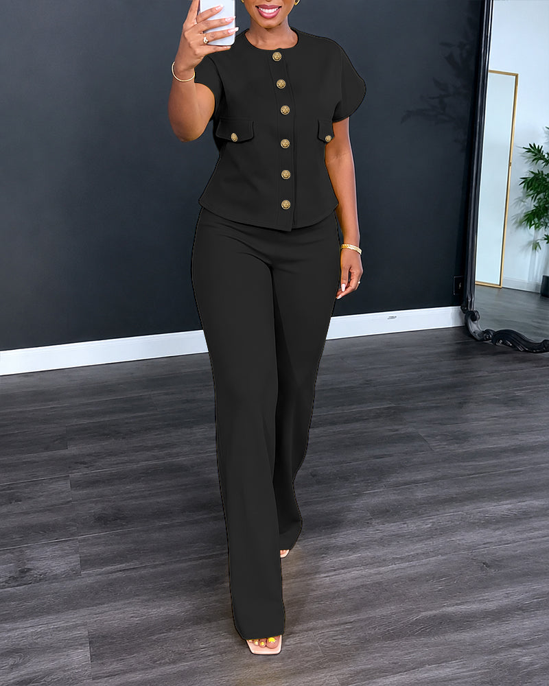Women's 2 Piece Outfits Short Sleeve Button Down Top and Straight Leg Pants Set Casual Commuter Suits - Image 10