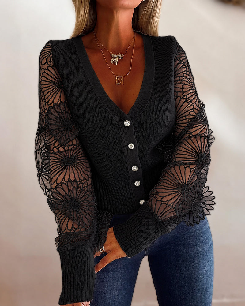 Women's Mesh Long Sleeve Cardigan Embroidered V Neck Knit Sweater Rhinestone Button Ribbed Slim Fit Casual Coat - Image 8