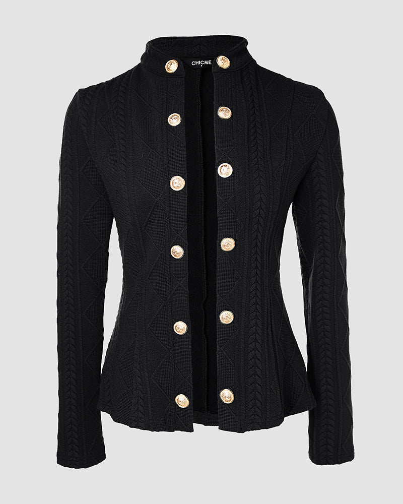 Metal Double Breasted Decor Stand Collar Argyle & Cable Textured Coat - Image 12