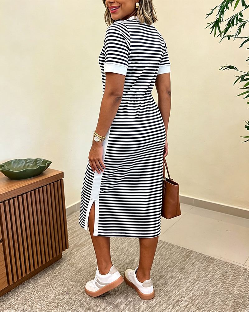 Women's Striped Colorblock Midi T-Shirt Dress Casual Crew Neck Waist-Cinching Slit Dress with Pockets - Image 10