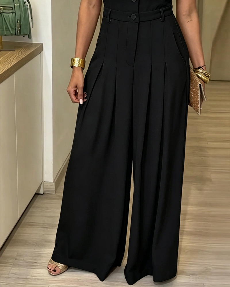 Women's Lapel V Neck Jumpsuit Cap Sleeve High Waisted Wide Leg Overalls Elegant Suit Jumpsuit - Image 14
