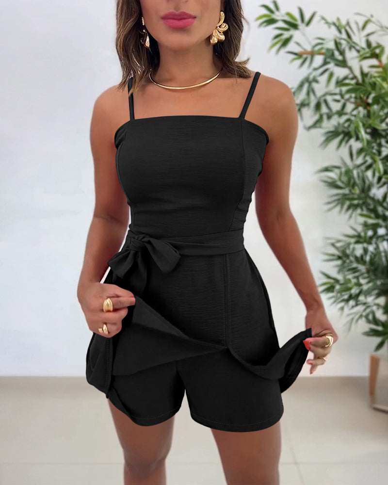 Square Neck Adjustable Spaghetti Straps Shirred Back Side Slit Romper Casual Cinched Waist Cami Skorts Romper with Belt - Image 5