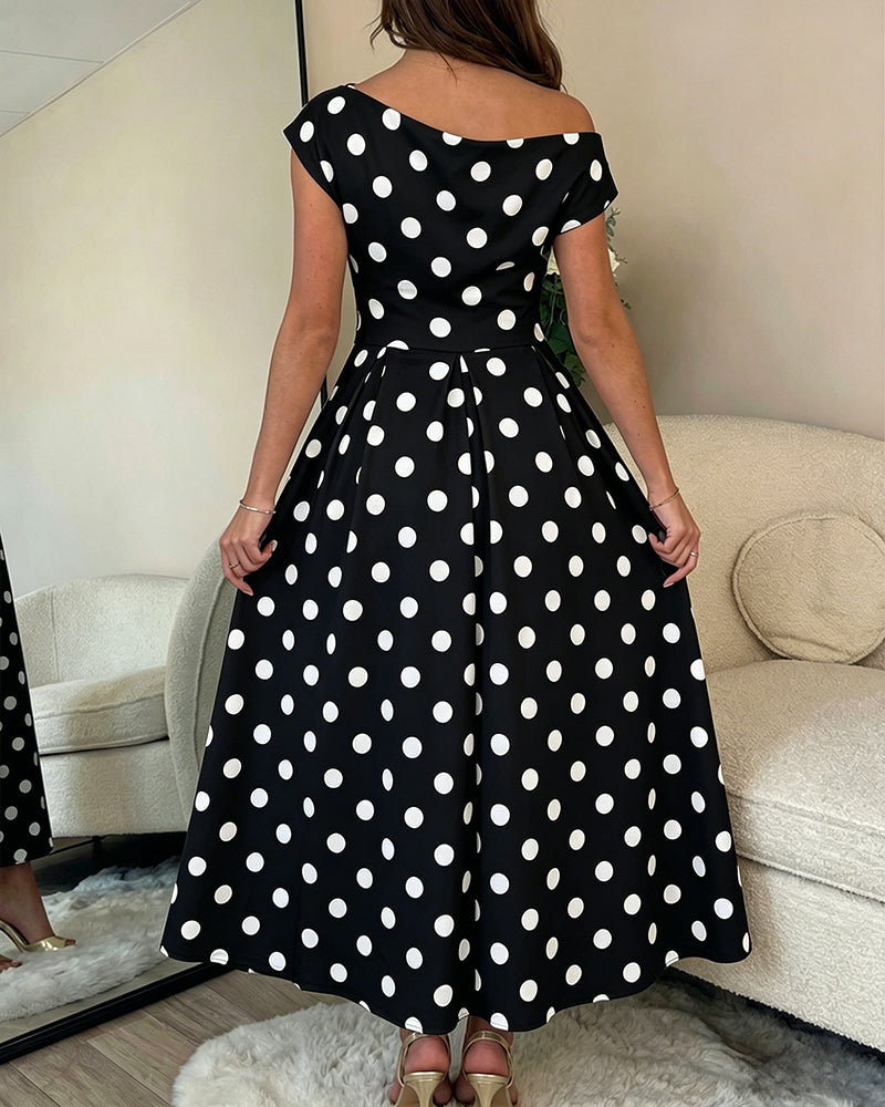Women's Skew Neck Polka Dot Maxi Dress Ruched A-Line Swing Dress Elegant Party Cocktail Dress with Pockets - Image 9