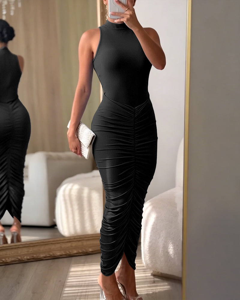 Women's Mock Neck Sleeveless Ruched Bodycon Dress Sexy Racerback Slit Slim Fit Party Dress - Image 13