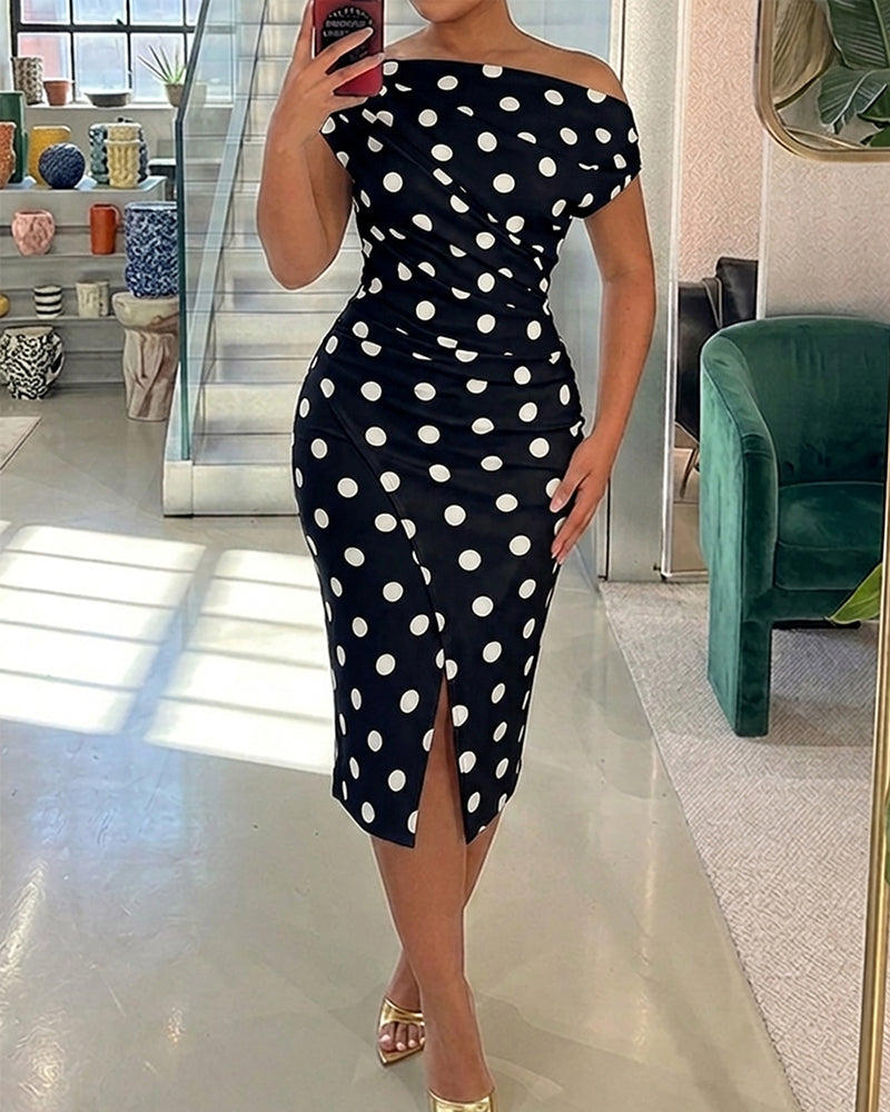 Polka Dot Print Skew Neck Ruched Mid-length Dress Elegant Wrapped Slit Dress - Image 12