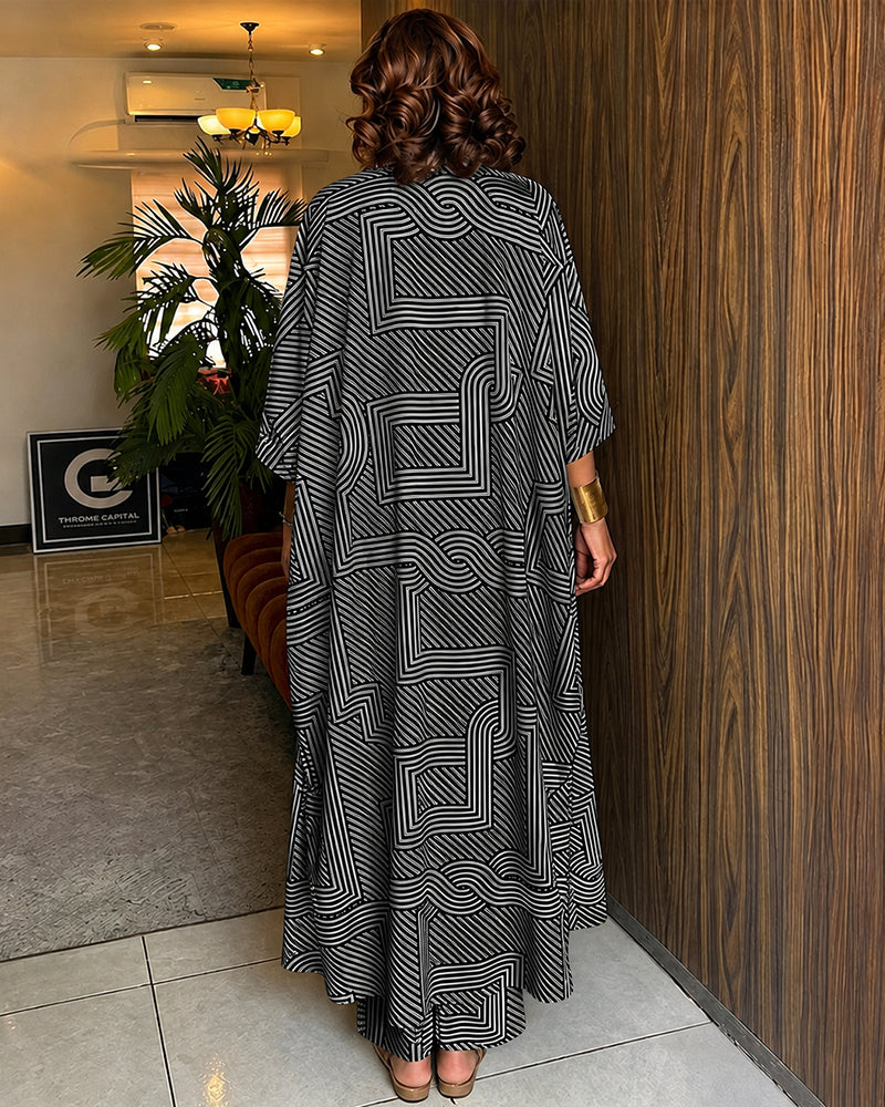 Women's Geometric Print 2 Piece Outfits Batwing Sleeve Loose Longline Coat and High Waisted Wide Leg Pants Set - Image 10