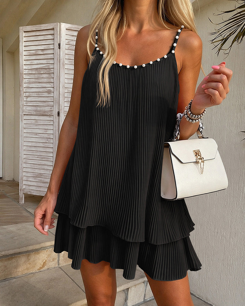 Women's Pearls Embellished Straps Mini Dress Backless Pleated Dress Casual Double Layer Lettuce Trim Cami Sun Dress - Image 12