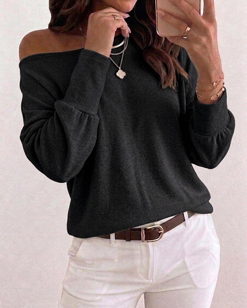 Women's Convertible Shoulder Batwing Sleeve Top Long Sleeve Loose Fit Casual Knit Tee - Image 5