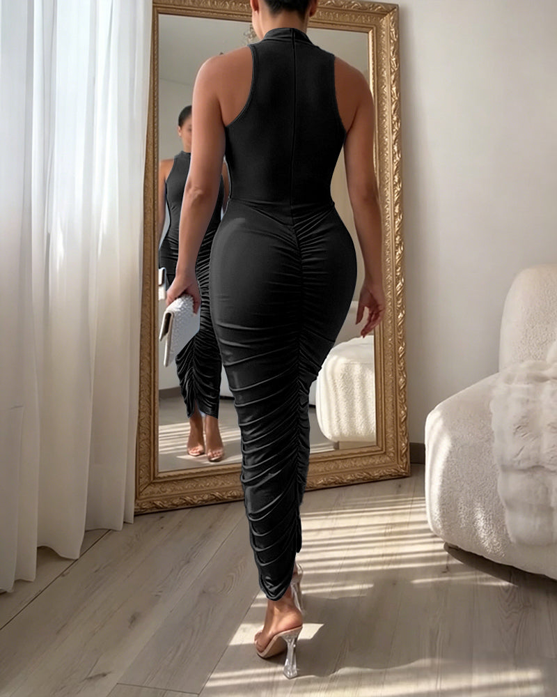 Women's Mock Neck Sleeveless Ruched Bodycon Dress Sexy Racerback Slit Slim Fit Party Dress - Image 18