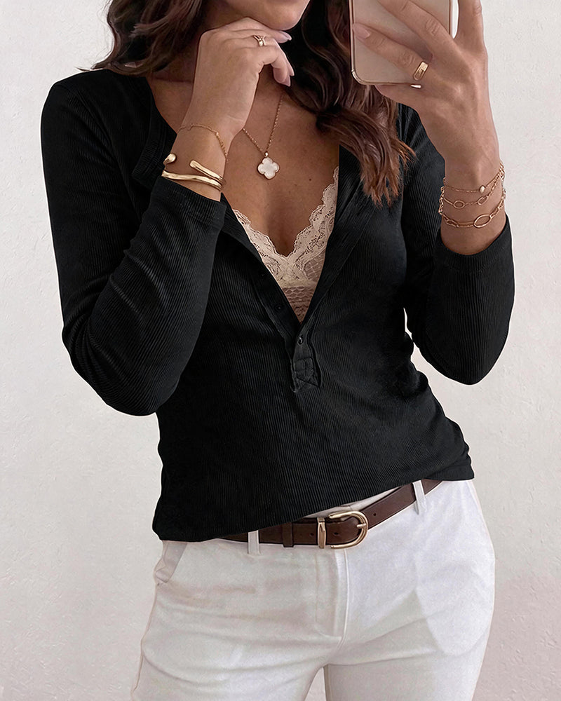 Women's Ribbed Henley Long Sleeve Top Slim Fit Base Layer Tee - Image 7